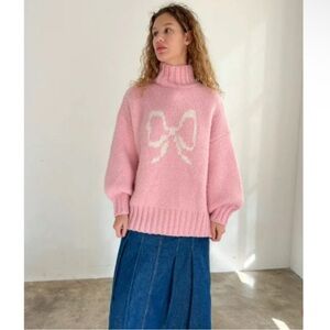 Lisa Says Gah CECE Pink Bow 🎀 Turtleneck Sweater with Cream Bow Motif XS/S